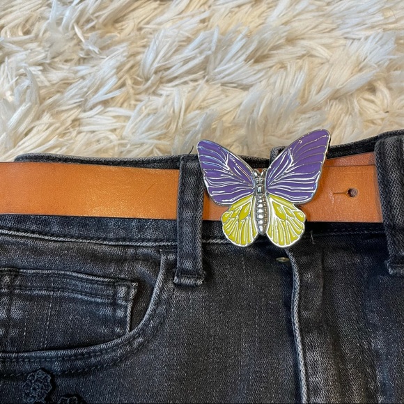 90s Style Purple Yellow Butterfly Belt Italian Leather - Picture 2 of 11